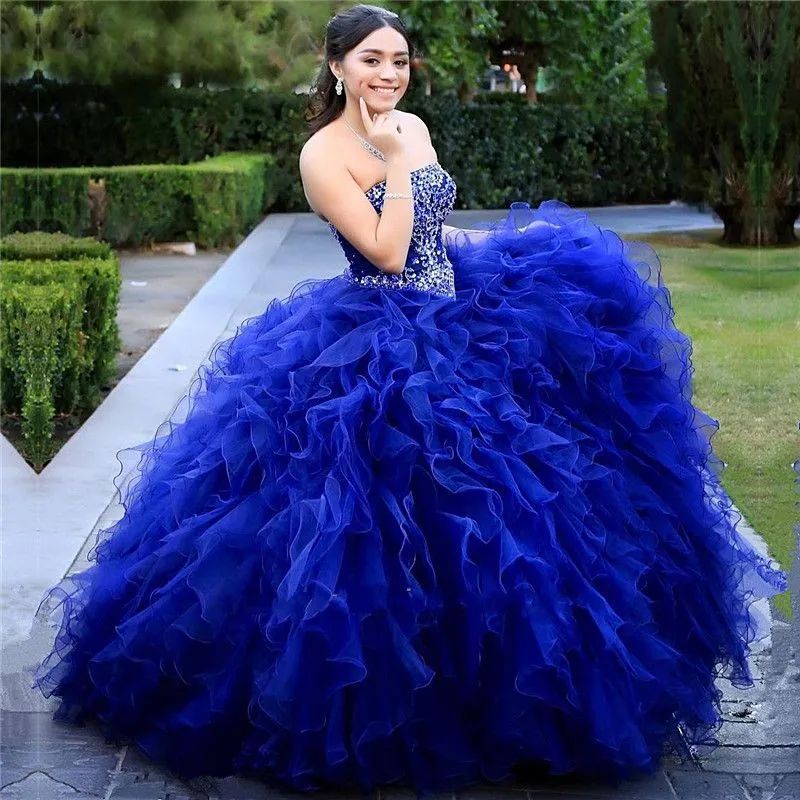

New Strapless Ball Gown Royal Blue Quinceanera Dresses Beading Crystal Lace-Up vestidos de 15 años 2020 Sweet 16 Prom Dress