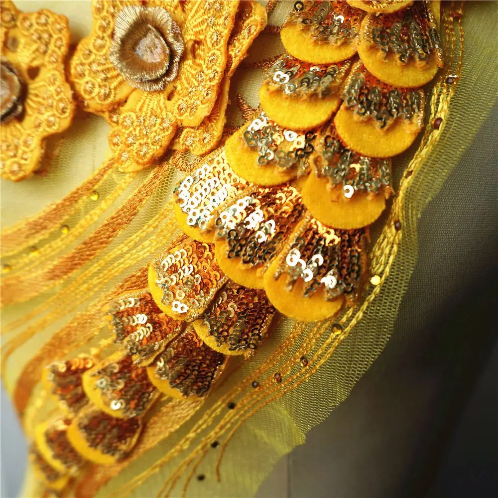 Желтая Цветочная кружевная ткань с пайетками и кисточками вышитая одежда