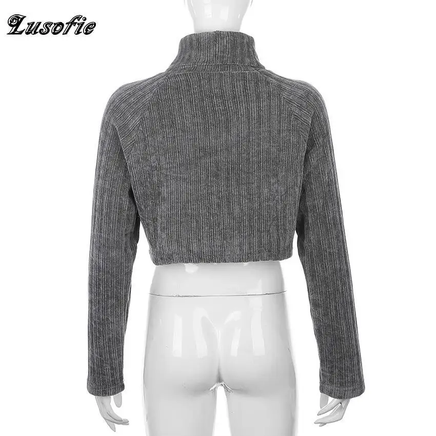 Lusofie/серый однотонный топ с длинными рукавами и высоким воротником Новинка
