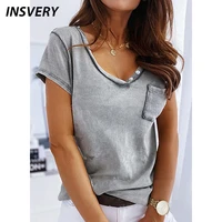 2021 trending women summer shirt tops ladies casual v neck short sleeve solid tshirts female button tee women t shirt