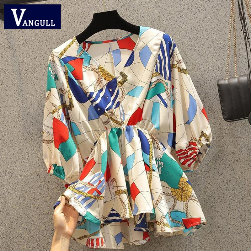 

Vangull Spring Fashion Printted Female Chiffon Shirts Elegant Half Sleeve Elastic Waist Tops V-Neck Fashion Designed Blouse