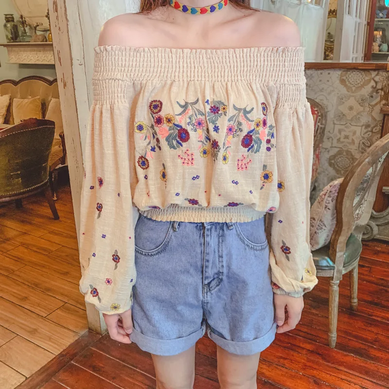 

New Spring Bohemian Cotton Linen Women Blouses Floral Embroidery Sexy Off Shoulder Summer Crop Top Long Sleeve Chic Blusas