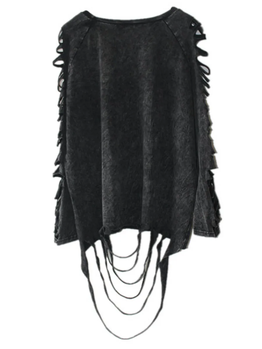 

Trend Ripped Tshirts Women Oversized Black Gothic T Shirt 2021 Fashion Loose Casual Long Sleeve Tassel Punk Summer Tops Cool