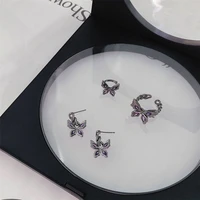 stainless steel butterfly earrings women 2021 new trendy purple color crystal cz stone stud earrings party gift jewelry ear stud