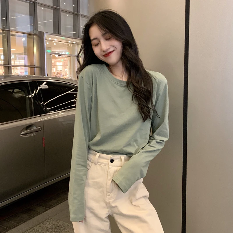 Good Quality Female Long Sleeve Turtle Neck T-shirt Solid Color Young Girls' Fashion Cotton Tees Casual Basic Tops Wholesale | Женская