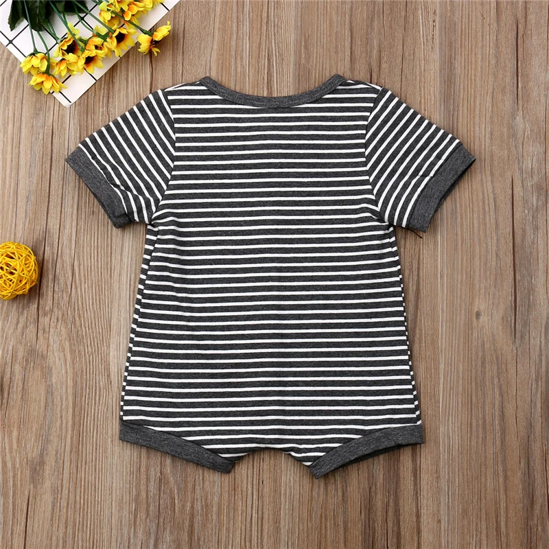 

Summer Toddler Newborn Playsuit Infant Baby Boy Girl Romper Short Sleeve Gray Striped Jumpsuit Costume Clothing Outfits