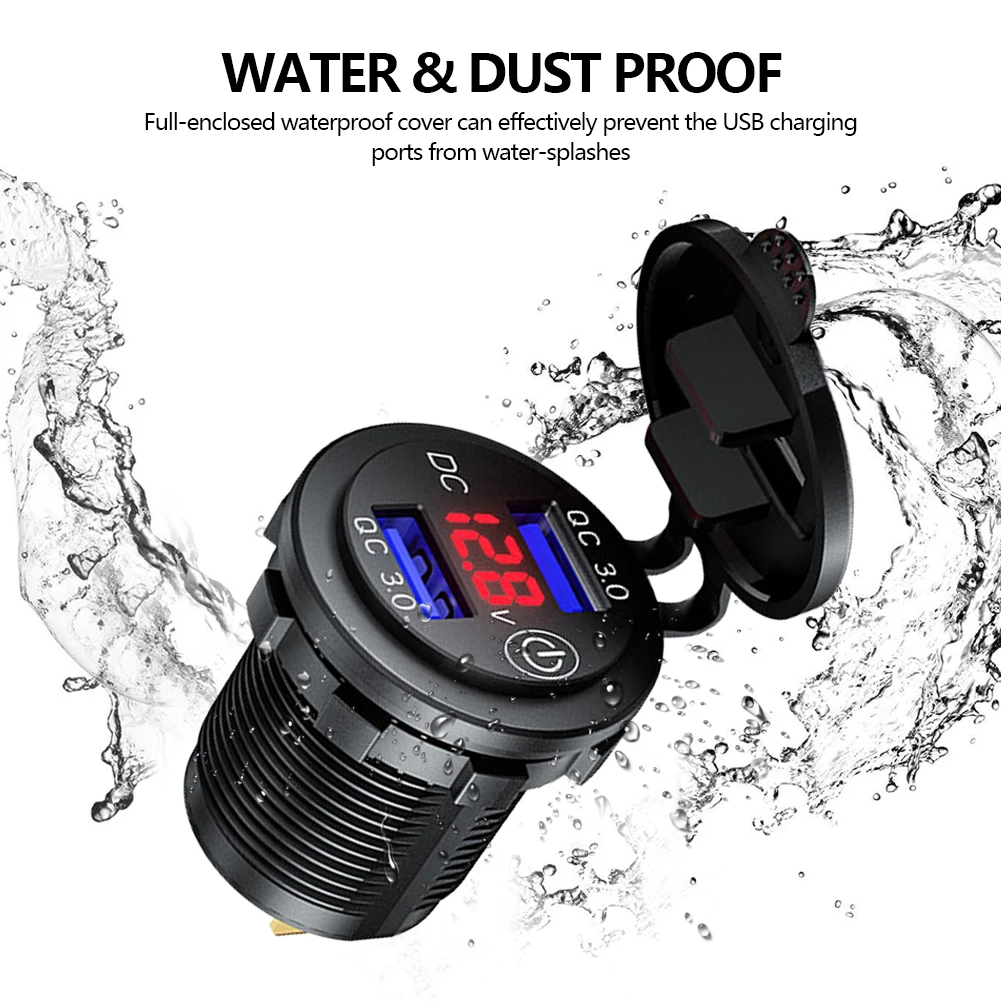 

36W USB Charger Quick Charger Motorcycle Auto Dual QC 3.0 USB Charger Socket LED Display with Caps for Truck Boat ATV DVR GPS