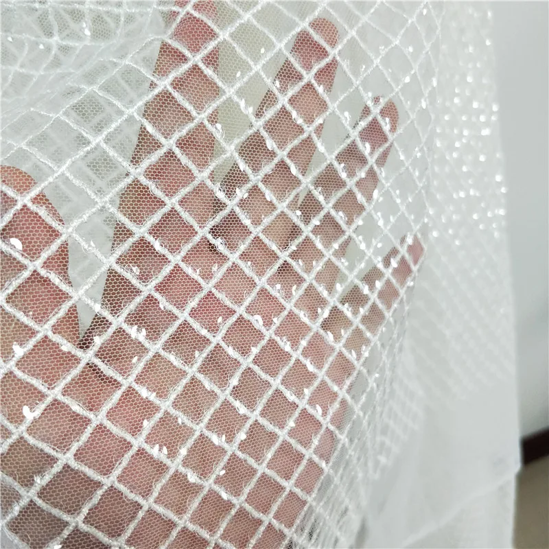 

High Quality Rayon Embroidery Plaid Sequins Tulle Lace Fabric Ivory Color 1 Yard Shiny, Costume Dress Making Lace Wedding Lace