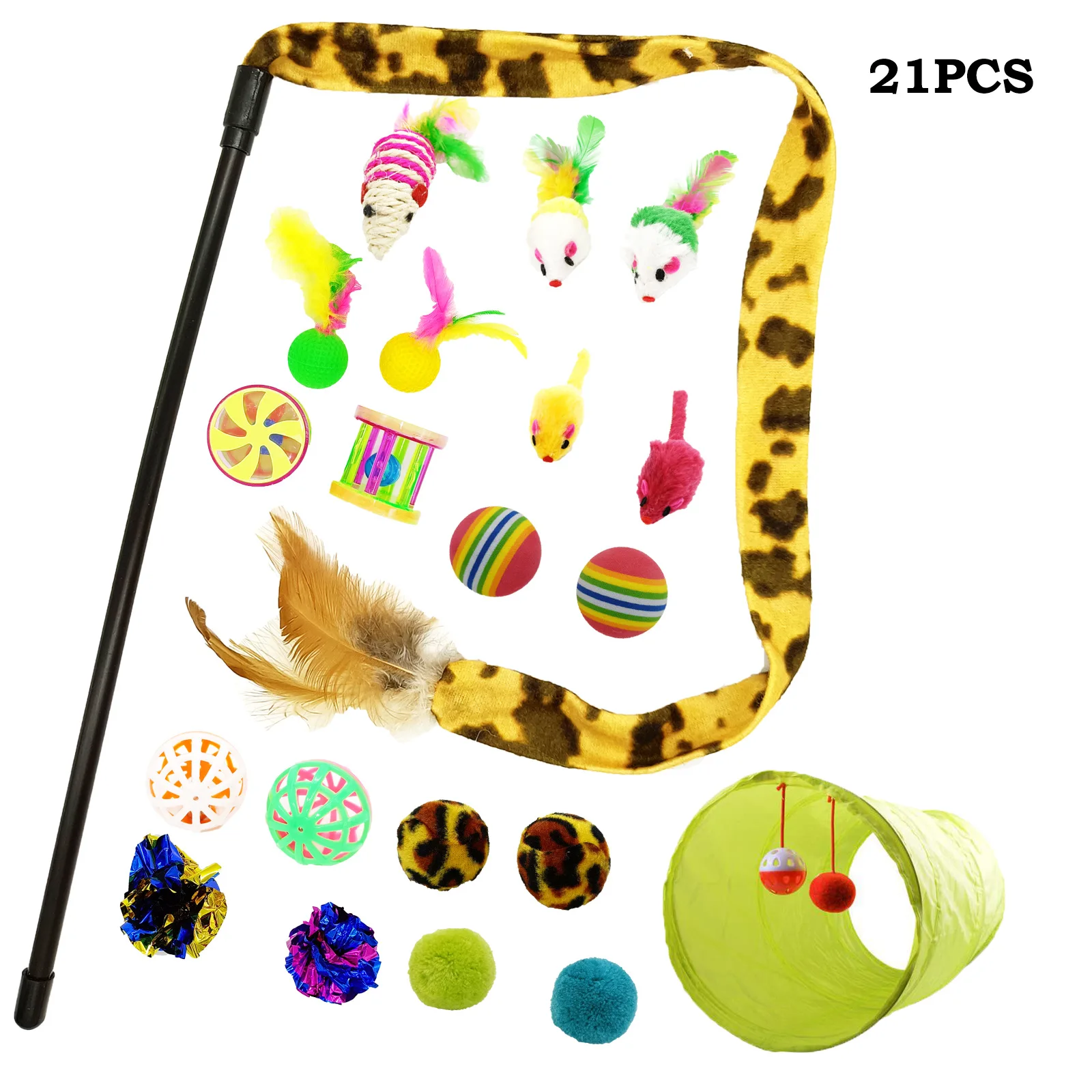 

Pet toy set 21 pieces of cat channel sisal mouse rainbow ball ring paper funny cat stick combination pet toys cat stuff