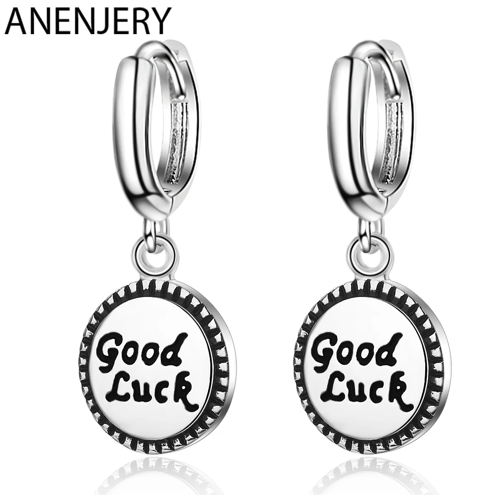 Женские винтажные сережки подвески ANENJERY круглые с надписью &quotgood luck&quot из 925 пробы