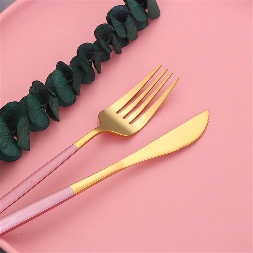 

Pink Gold Cutlery Set Table Service Tableware Dinner Fork Dessert Spoon Knife Stainless Steel Luxury Flatware Kitchen Utensils