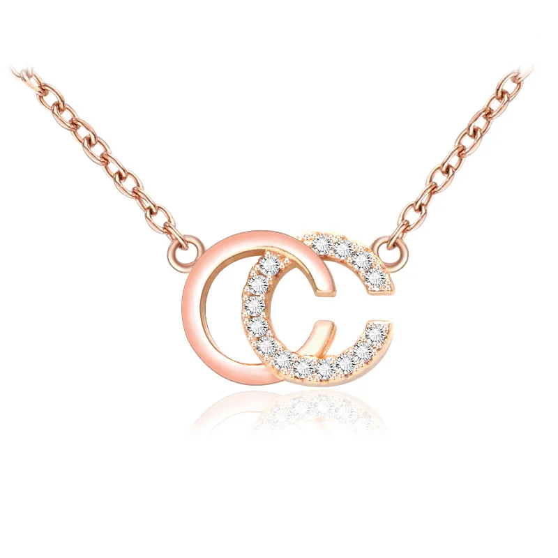Роскошный кристалл простой CC Письмо кулон ожерелья для женщин розовое золото