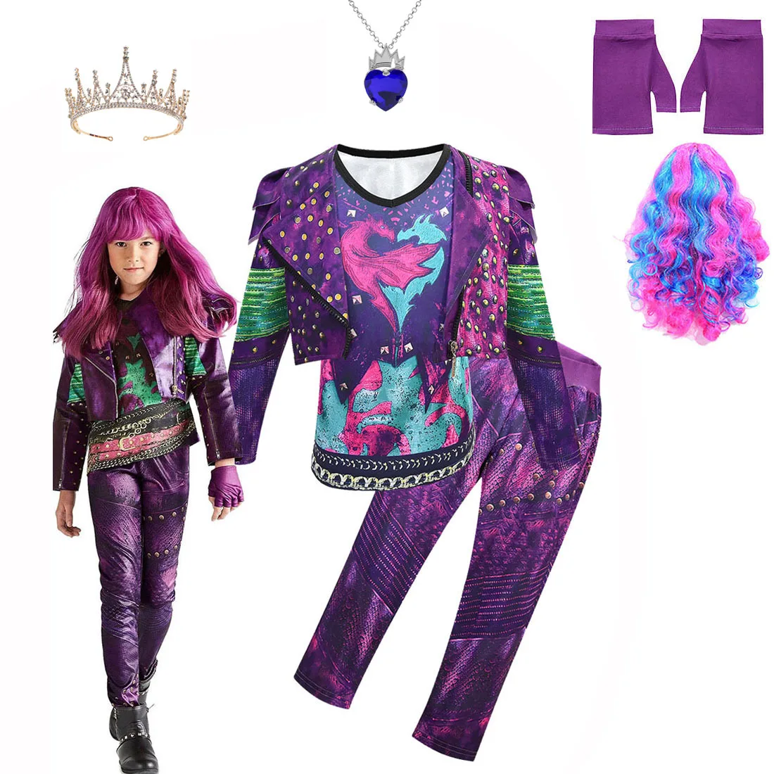 

Halloween Kids Descendants 3 Mal Costume For Girls Evie Cosplay Costume Child Fantasia Clothes Wig Birthday Party Fancy Dress
