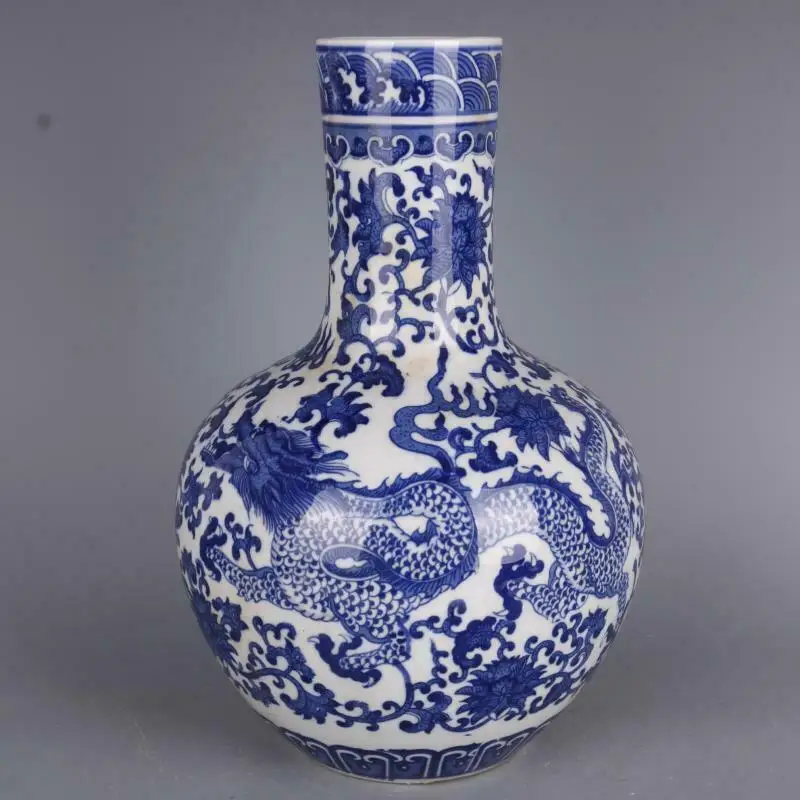

Chinese Blue and White Porcelain Flowers Dragon Design Vase 12.36"