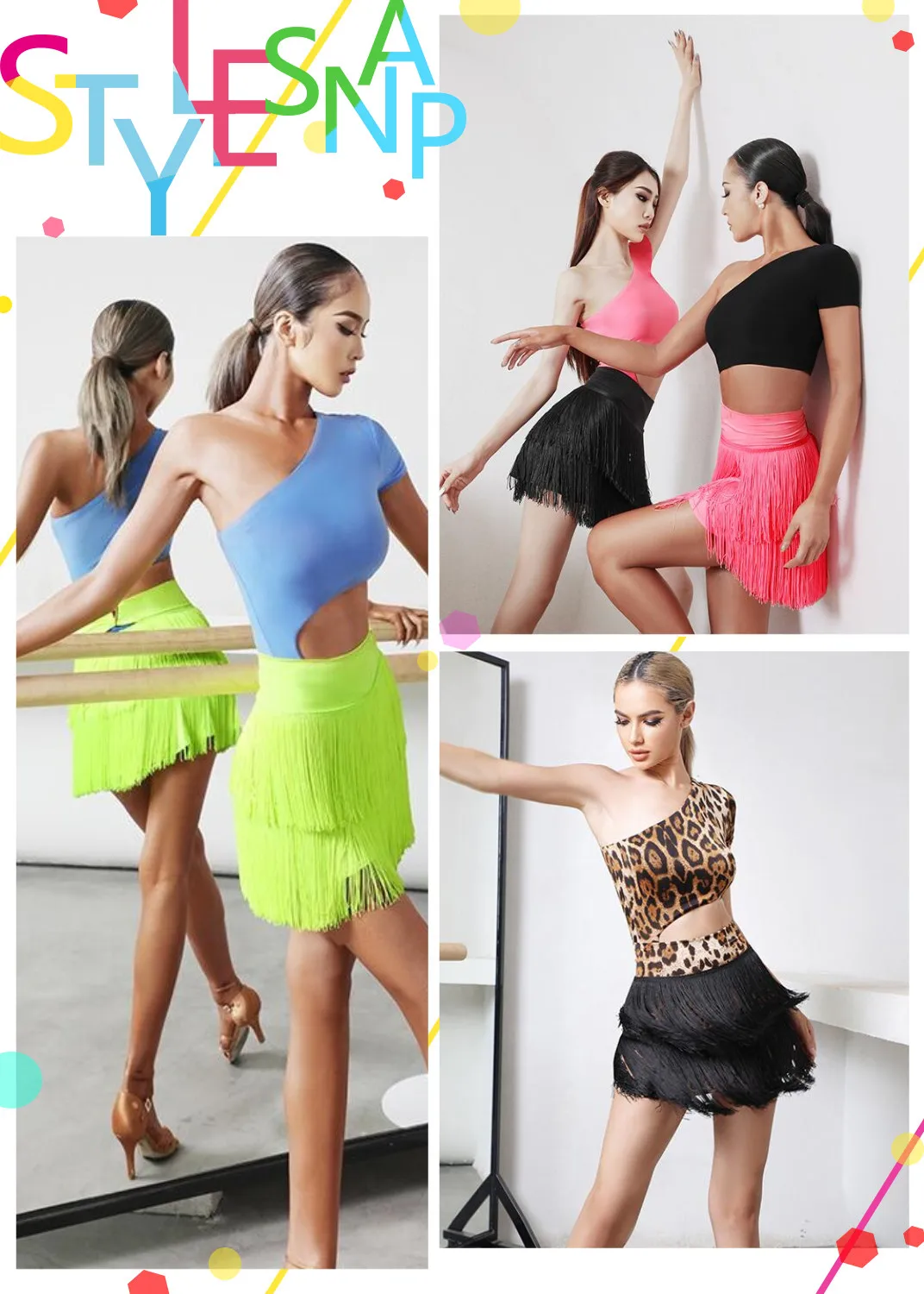 New fringe Latin Dance skirt salsa skirt  Summer latinTops latin  leotard bodysuit neon yellow pink black leopard 2136