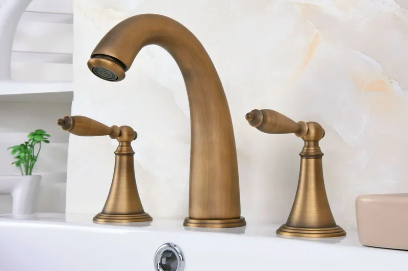 Vintage Retro Antique Brass Deck Mounted Dual Handles Widespread Bathroom 3 Holes Basin Faucet Mixer Water Taps man081 | Обустройство