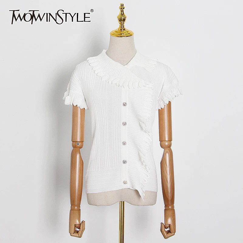 

TWOTWINSTYLE Elegant Patchwork Ruffles Women Sweater Lapel Collar Short Sleeve Slim Striped Sweaters For Female Fashion Clothes