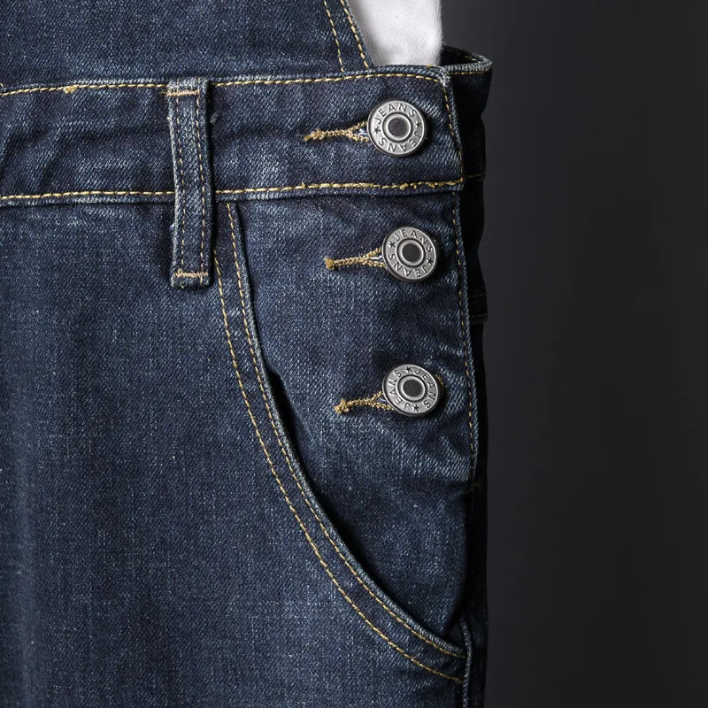Fahsion Man Jeans Bib Overalls Multi-Pocket  Streetwear Hip Hop Denim Jumpsuits Trousers Dark Blue Large Size Freight Pants