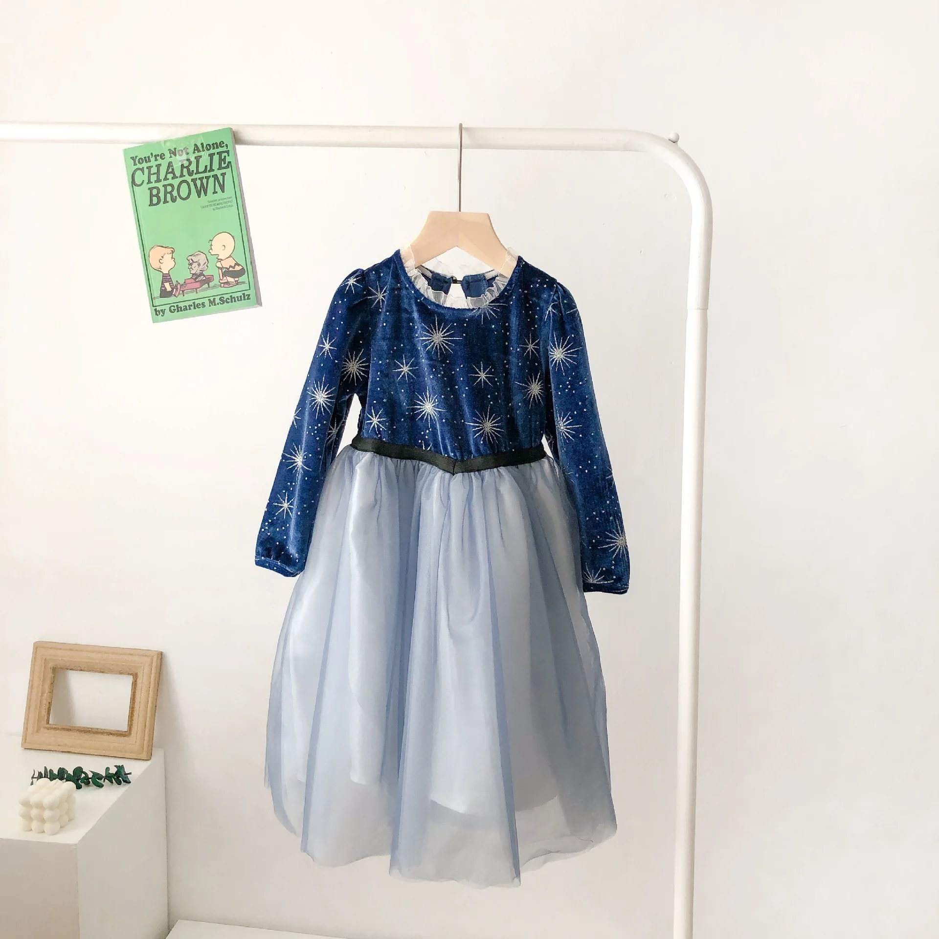 

Spring New Arrival korean style cotton princess cartoon long sleeve Elsa's dress with grenadine for cute sweet baby girls