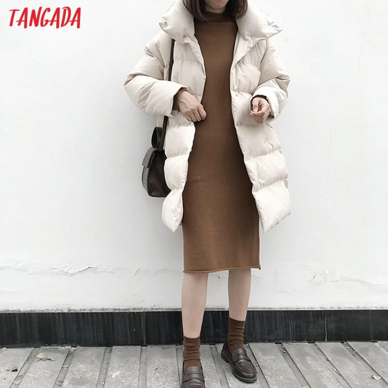 Tangada, Женские однотонные Длинные парки большого размера, толстые, с длинным рукавом, на пуговицах, с карманами, женское теплое корейское зимнее пальто, модное ATC02