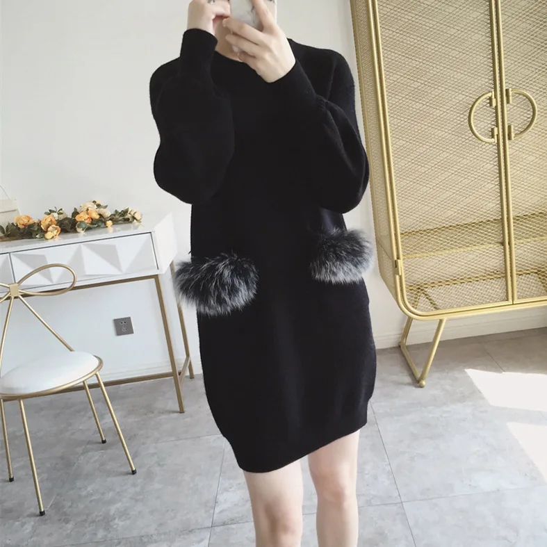 Long Knitted Sweater Dress Loose Long-sleeved Women's Faux Fur Rabbit Hair Double Pockets Pullover Tops | Женская одежда