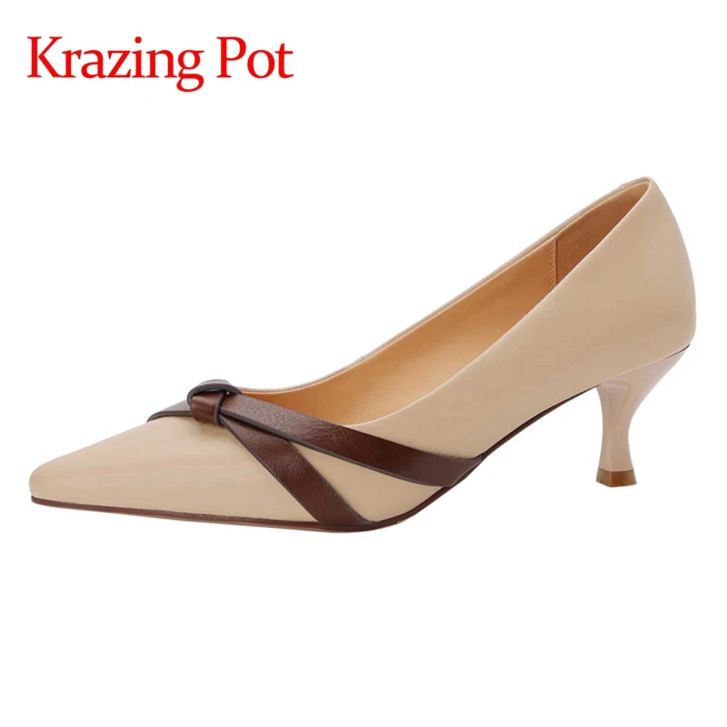 

Krazing Pot spring cow leather pointed toe thin high heels knotted decoration mixed colors French retro elegant women pumps L23