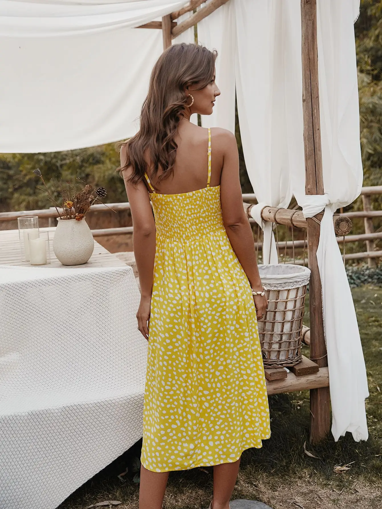 

Original Design Spaghetti Strap Printed Dress Women's Shirt Tunic Pocket Button Slim A Line Mid-calf Dress Beach Casual Vestidos