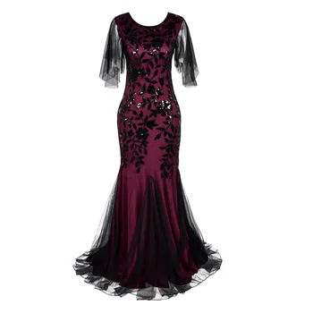 O-neck Short-Sleeve Tulle Embroider Evening Dress Elegant Mermaid Vintage 1920s Party Dress Great Gatsby Sequin Dress Long