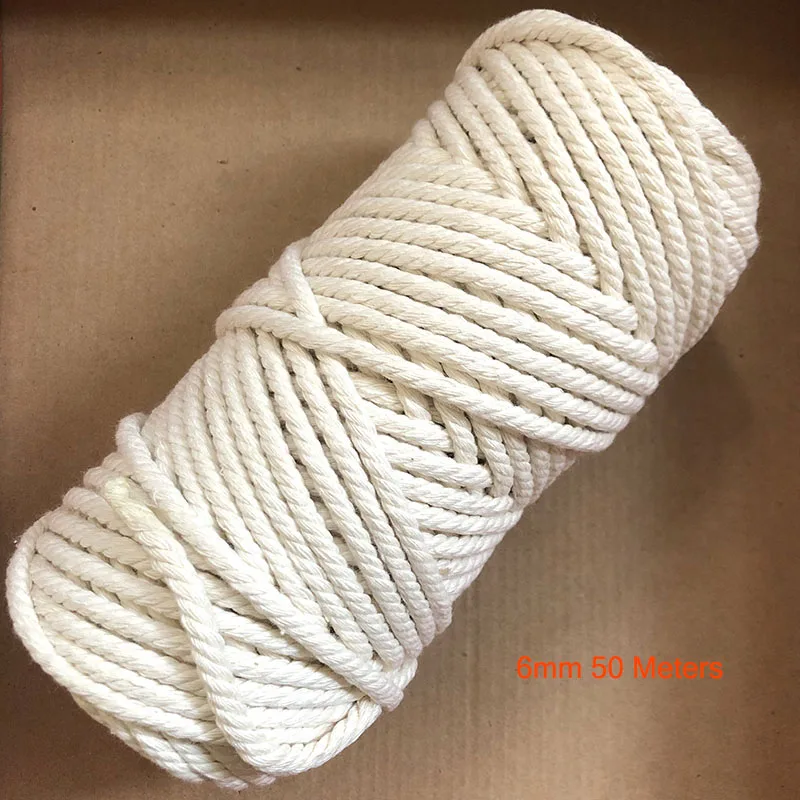 6mm x 50m 1/2/3/4/5/6/8/10 мм Диаметр прочный бежевая хлопковая веревка скрученный шнур из керамического волокна Craft макраме Строка DIY домашний текстиль завязывания нить Много Размеры - Цвет: 6mm x 50m