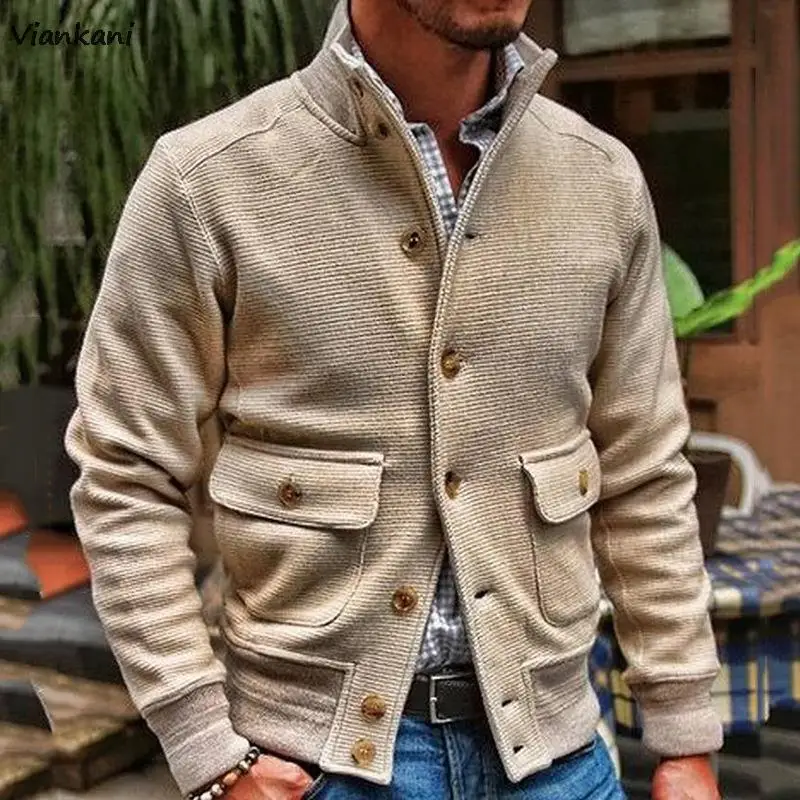 

Man's Jacket 2021 Vintage Stand Collar Single-Breasted Long Sleeve Jackets Men Clothing Autumn Khaki Casual Pocket Men's Coat