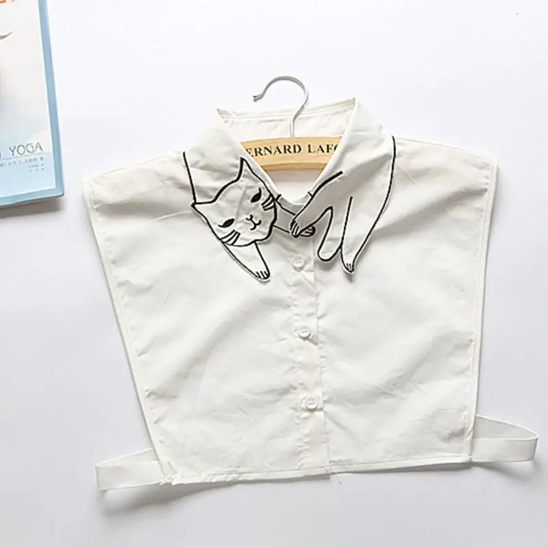 

Retro British Style Women Girls Cotton False Fake Collar Cute Cartoon Embroidery Casual Detachable Lapel Half-Shirt Blouse