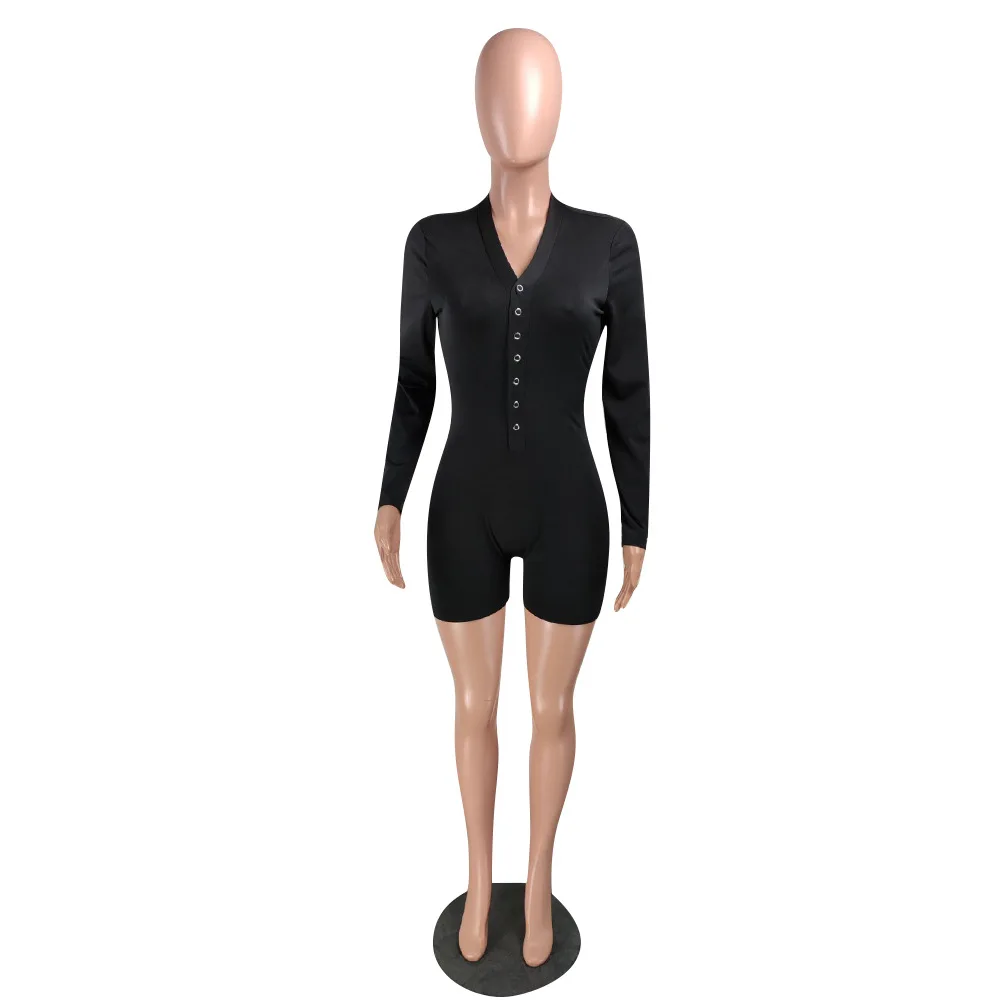 

Hot Recommend Style Solid Color High Waist Pants Shorts Women Deep V Neck Long Sleeve Jumpsuit Playsuit Sexy Fitness Wear