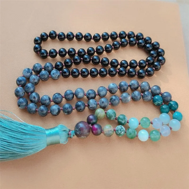 8mm Spectrolite 108 Beads Tassel Knotted Necklace Colorful Meditation Bracelet Buddhism Wrist Pray Fancy Chakra Spirituality