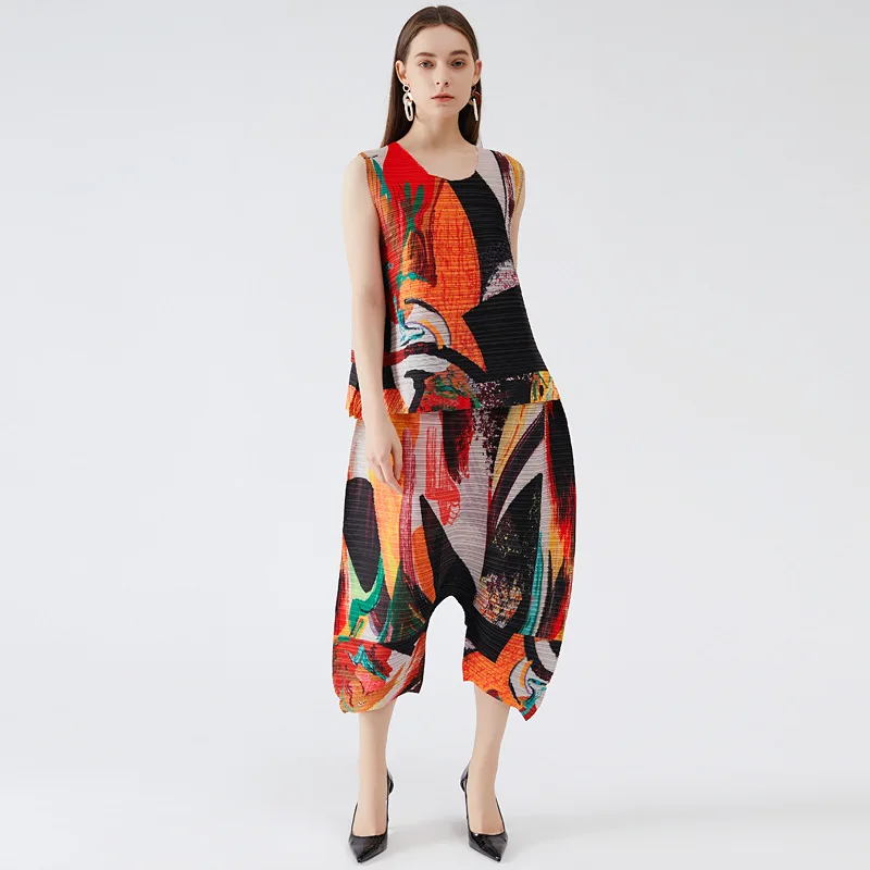 

POPOLLE2021 Новый плиссированный топ без рукавов с принтом, женские шаровары большого размера с широкими штанинами, тонкий костюм-двойка в запад...