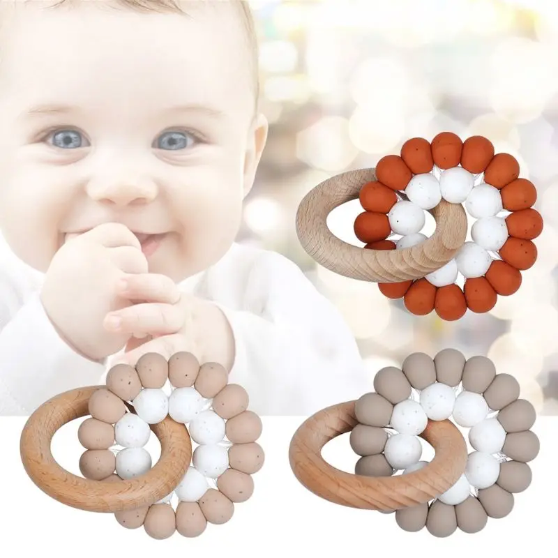 

Baby Teether Bracelet Ring Cute Beech Wooden Pendant Baby Boy Girl Teething Rattle Shower Gift