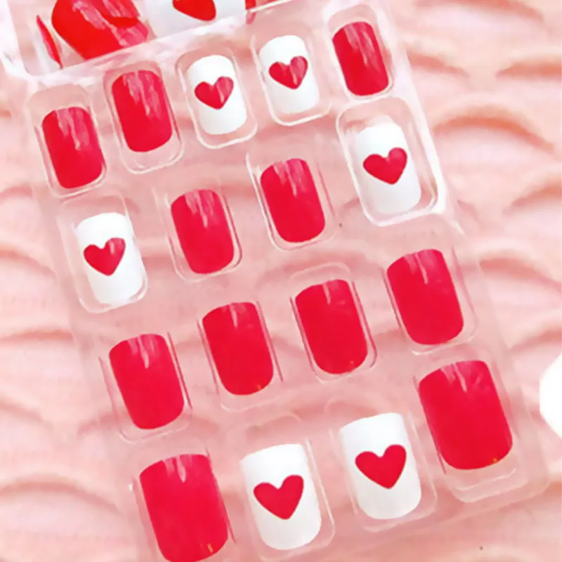 24 шт Красные Белые накладки на ногти для девочек с принтом сердца любовь ногти накладные клей для нейл-арта