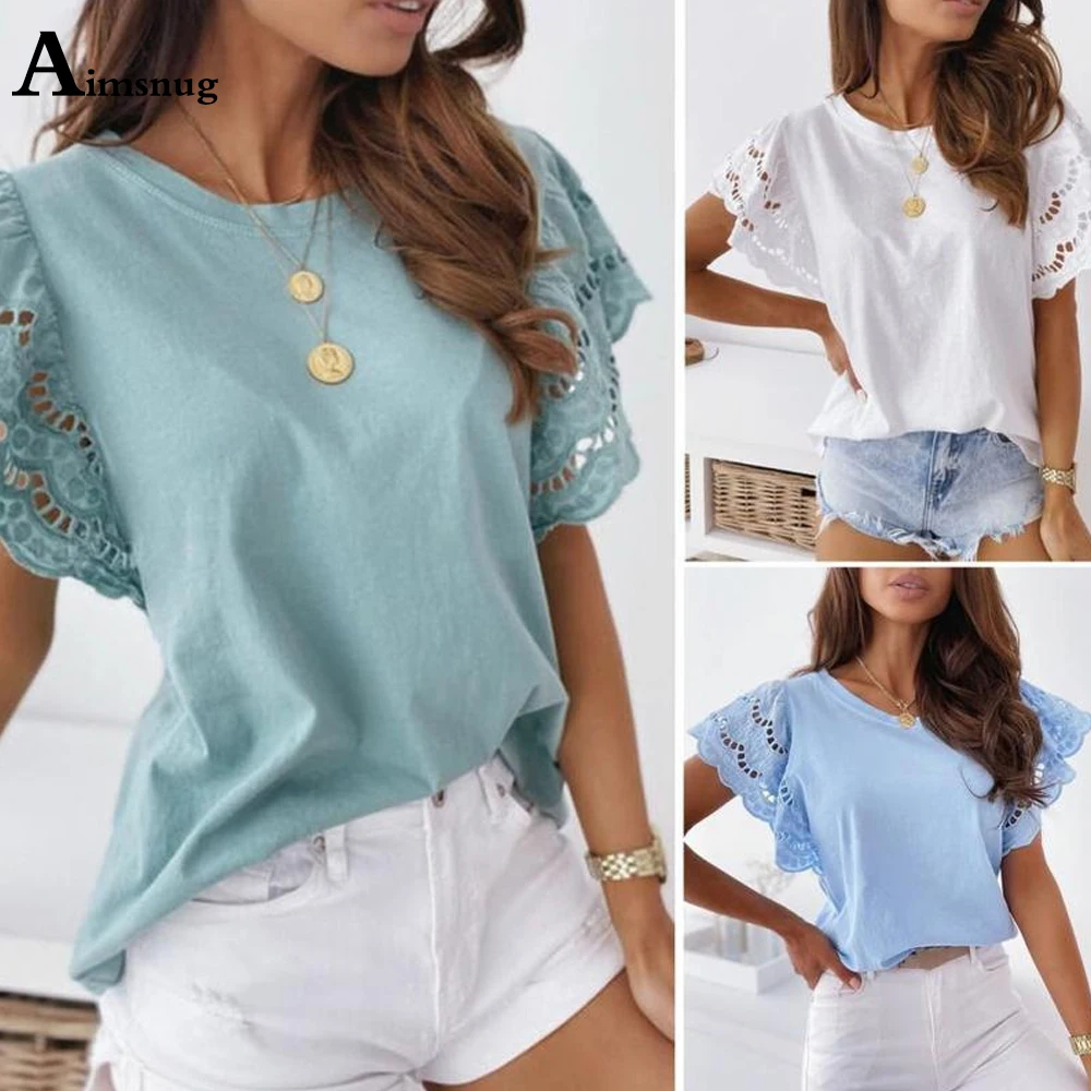 

Aimsnug 2021 Summe New Patchwork Lace Tops Women Short Sleeve Classic Simple T-Shirt Green White Casual Loose Female Tees Shirt