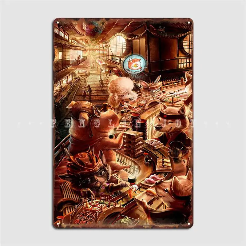 Металлическая табличка в виде кошки и собаки для столовых суши настенный плакат