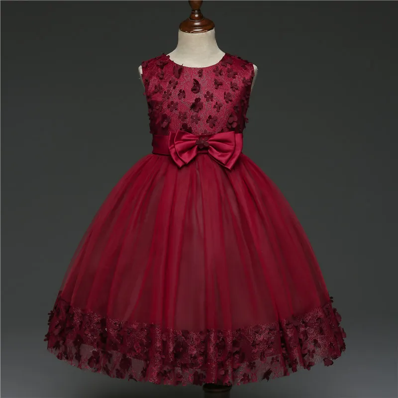 

Kids Infant Girl Flower Petals Dress Children Bridesmaid Toddler Elegant Dress Vestido Infantil Formal Party Dress Wine red