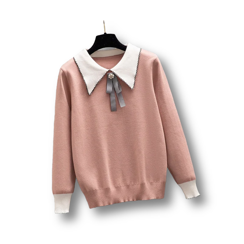

Oversized 4xl Knitted Women Sweater And Pullovers Bow Neck Turn-Down Collar Solid Office Lady Elegant Pulls Tops
