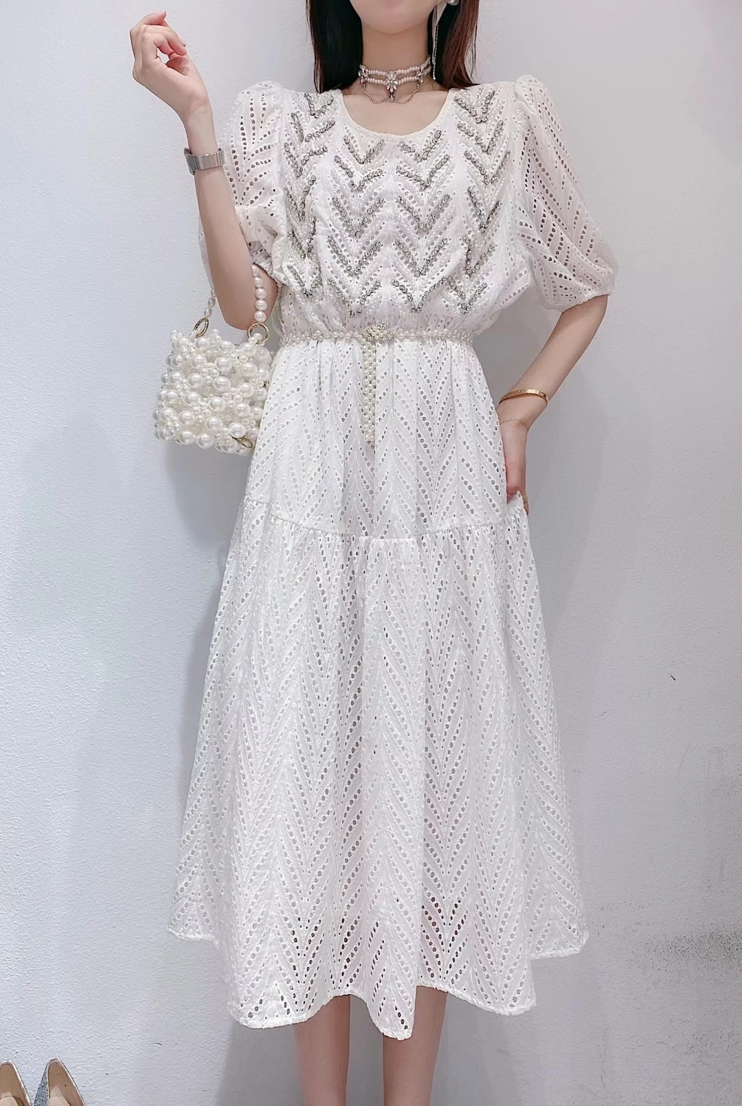 

European 2021 Summer Women New Beads Diamond Studded Hollow Mid-calf Dress Ladies Slim Waist Puff Sleeve Overknee Pullover Dress