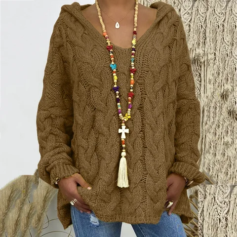 women casual Sweater solid color twist knit hoodie office lady daily travel style home Autumn autumn loose plus maxi size 2021