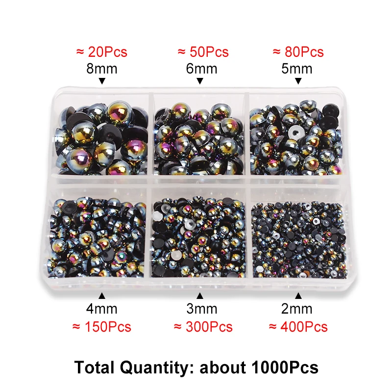 Упаковка в 6 коробок с полукруглыми жемчужинами разных цветов для декоративных