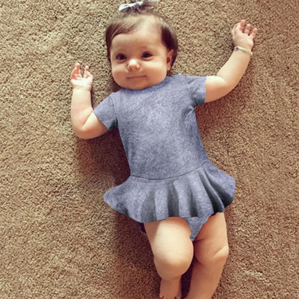 Детская одежда модное платье для малышей однотонное с круглым воротником и