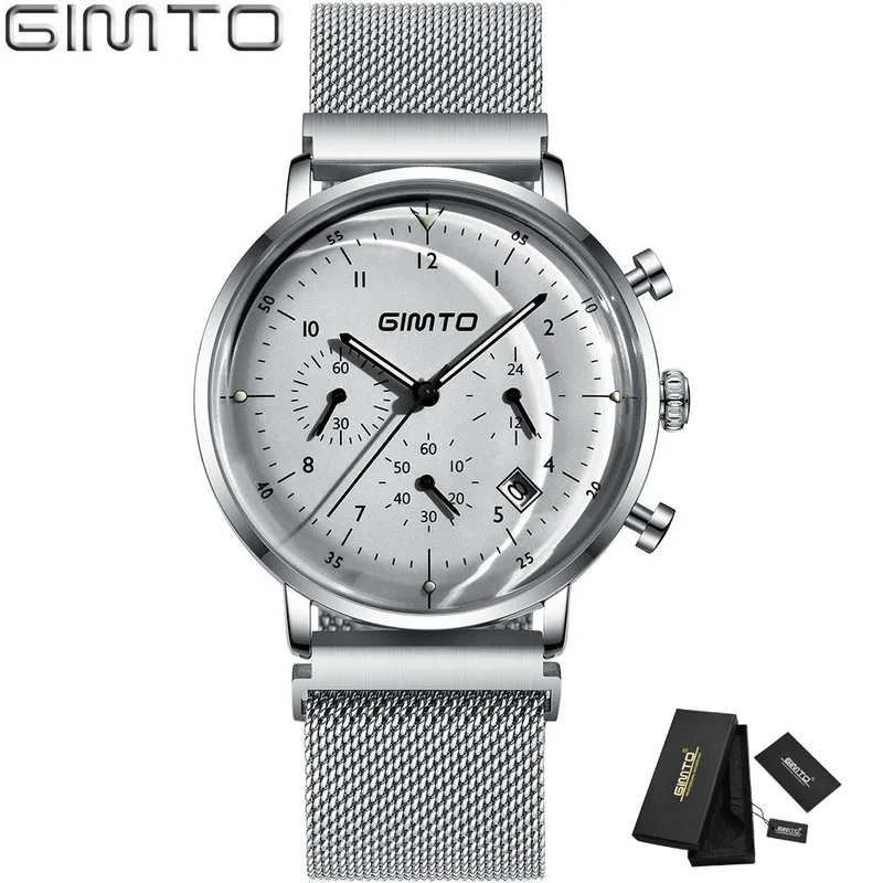 Silver White Box Reloj hombre GIMTO Топ бренд класса люкс для мужчин часы ультра тонкий Дата наручные часы сталь Водонепроницаемый спортивные часы повседневное кварцевые часы - Цвет: Silver White Box