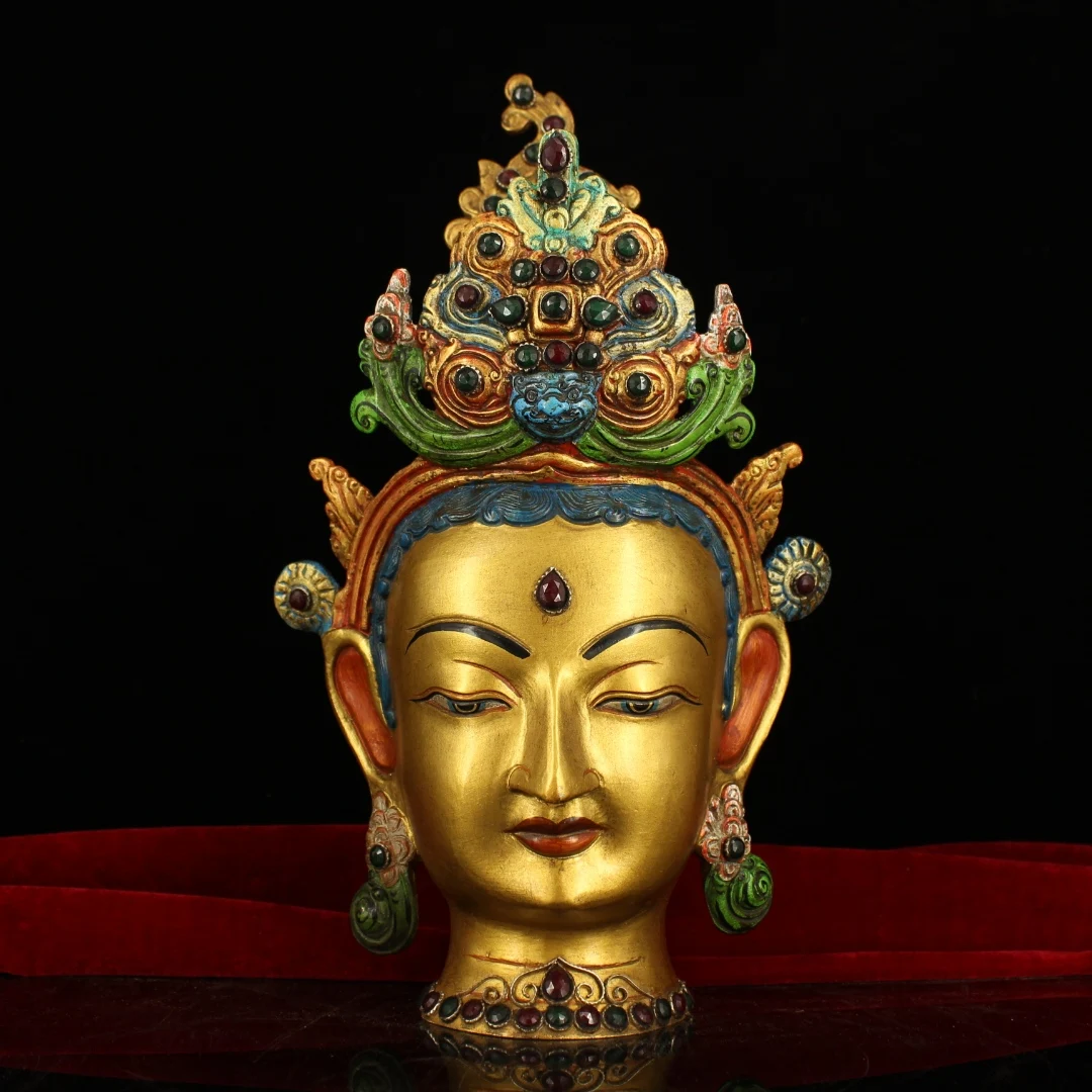 

Тибетский монастырь собирает старые медные инкрустированные драгоценные камни ручной работы, окрашенная золотая голова тары Будды скульп...