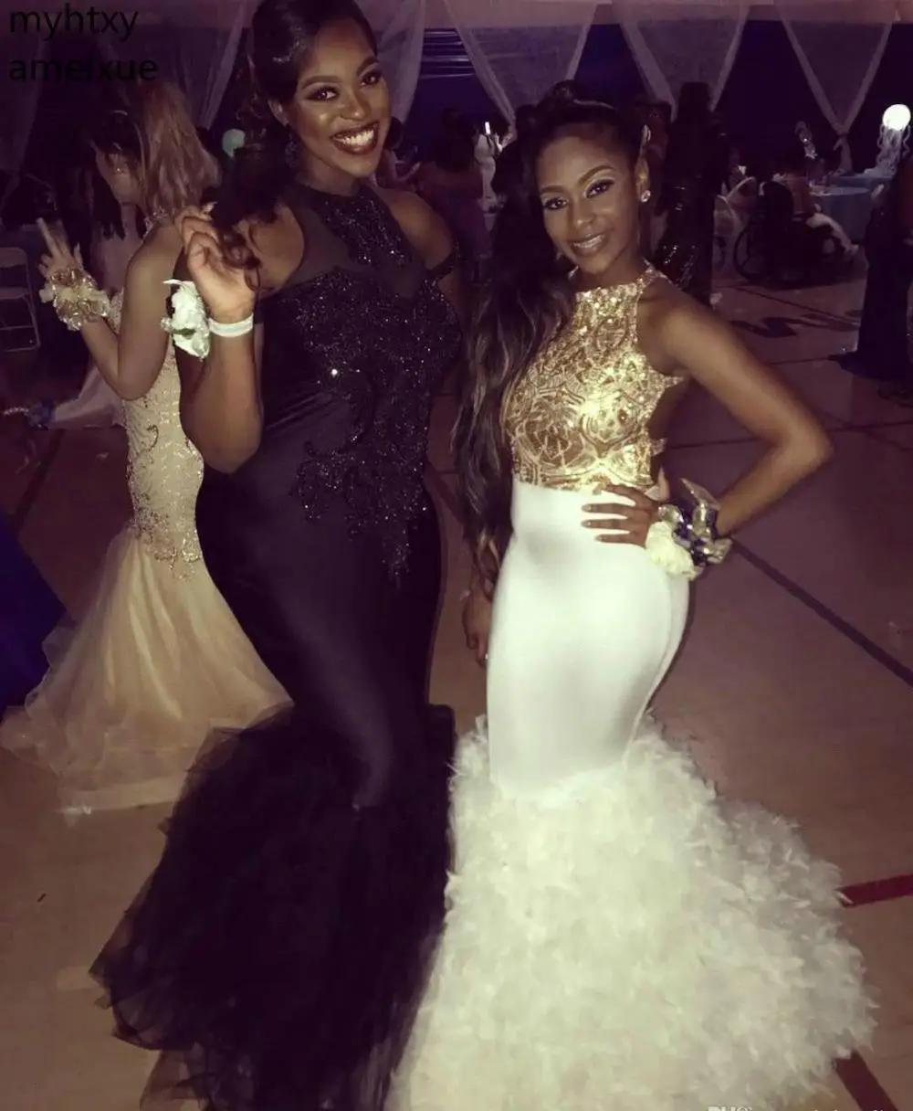New Luxury South Black Girls Feather White Prom Dresses 2020 Mermaid Wear Event Party Gowns Plus Size Custom Made Dress Elegant