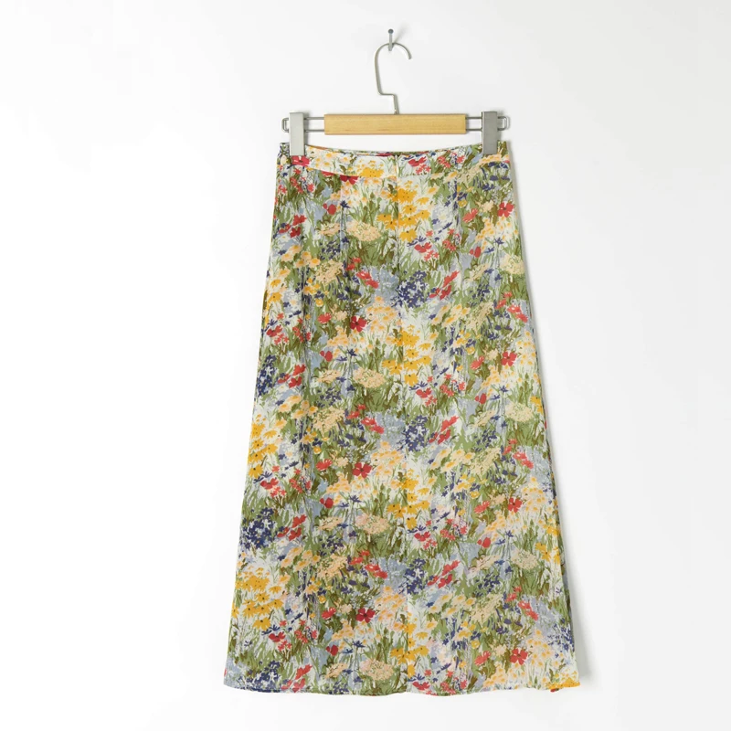 

Summer women's casual flower print high-waist skirt