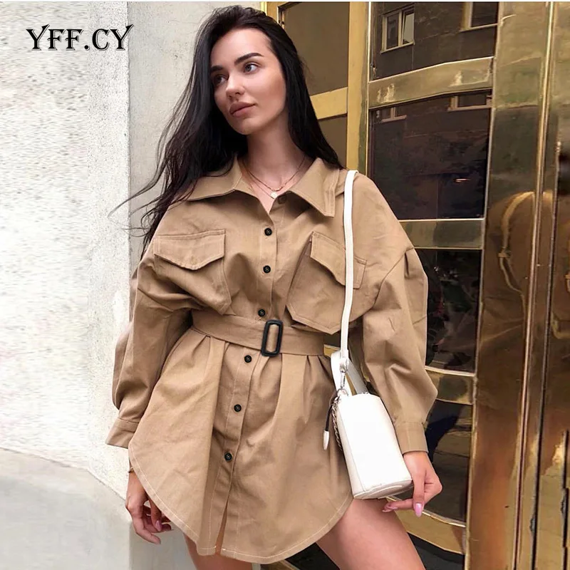 

Long Batwing Sleeve Mini Dress Women Office Lady Shirt Dresses Sashes Vintage Tunic Dress Khaki 2020 New Outerwear Casual