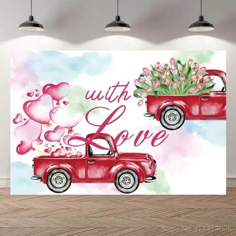 

Red Car Of Rose Flowers Love Wedding Backdrop Photography Valentine's Day Lady Portrait Dinner Table Decor Background Photo